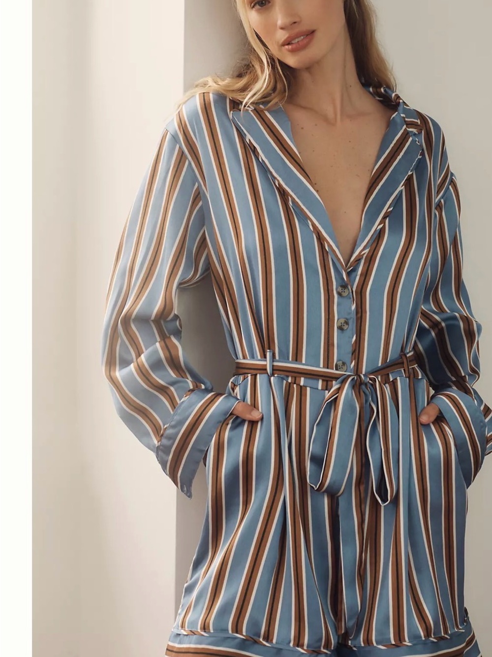 Anthropologie Blue and Brown Striped Button-Front Belted Pijama